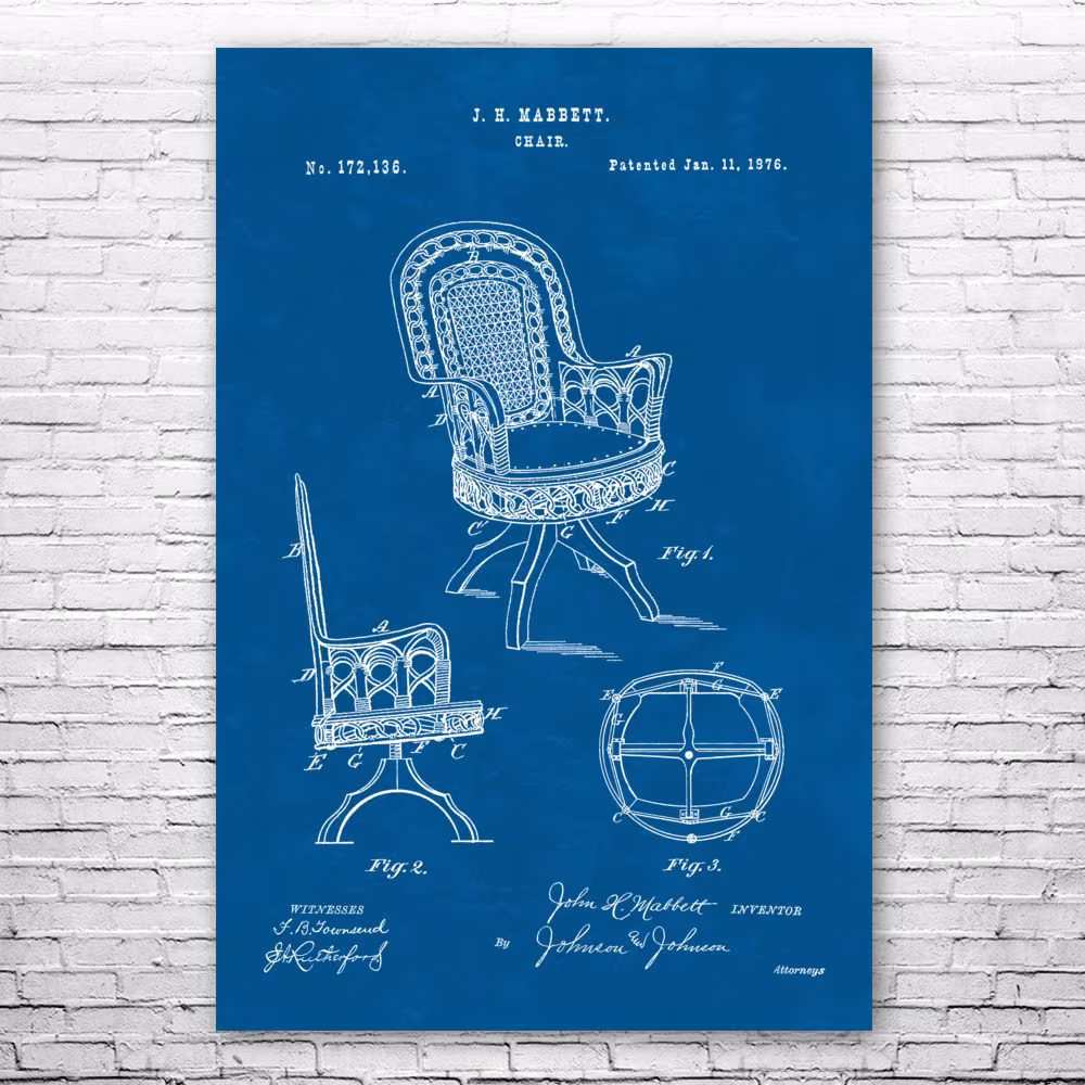 Rattan Chair Poster Print, Collector Gift, Thift Shop Art, Wicker Chair, Patio Furniture, Designer Furniture Maker, Blueprint