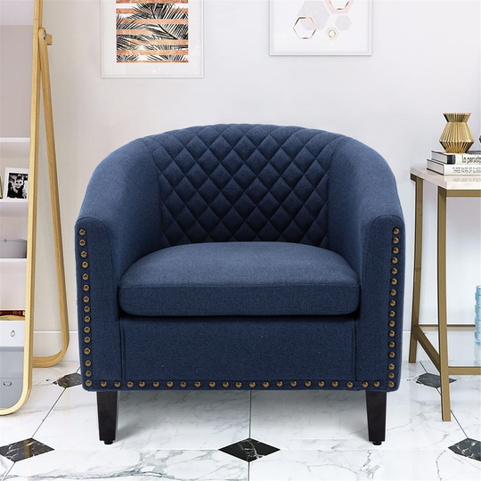 Barrel Accent Chair with Arms Linen Fabric Club Chairs Bucket Chair Upholstered Tub Chair for Living Room Bedroom, Navy Linen