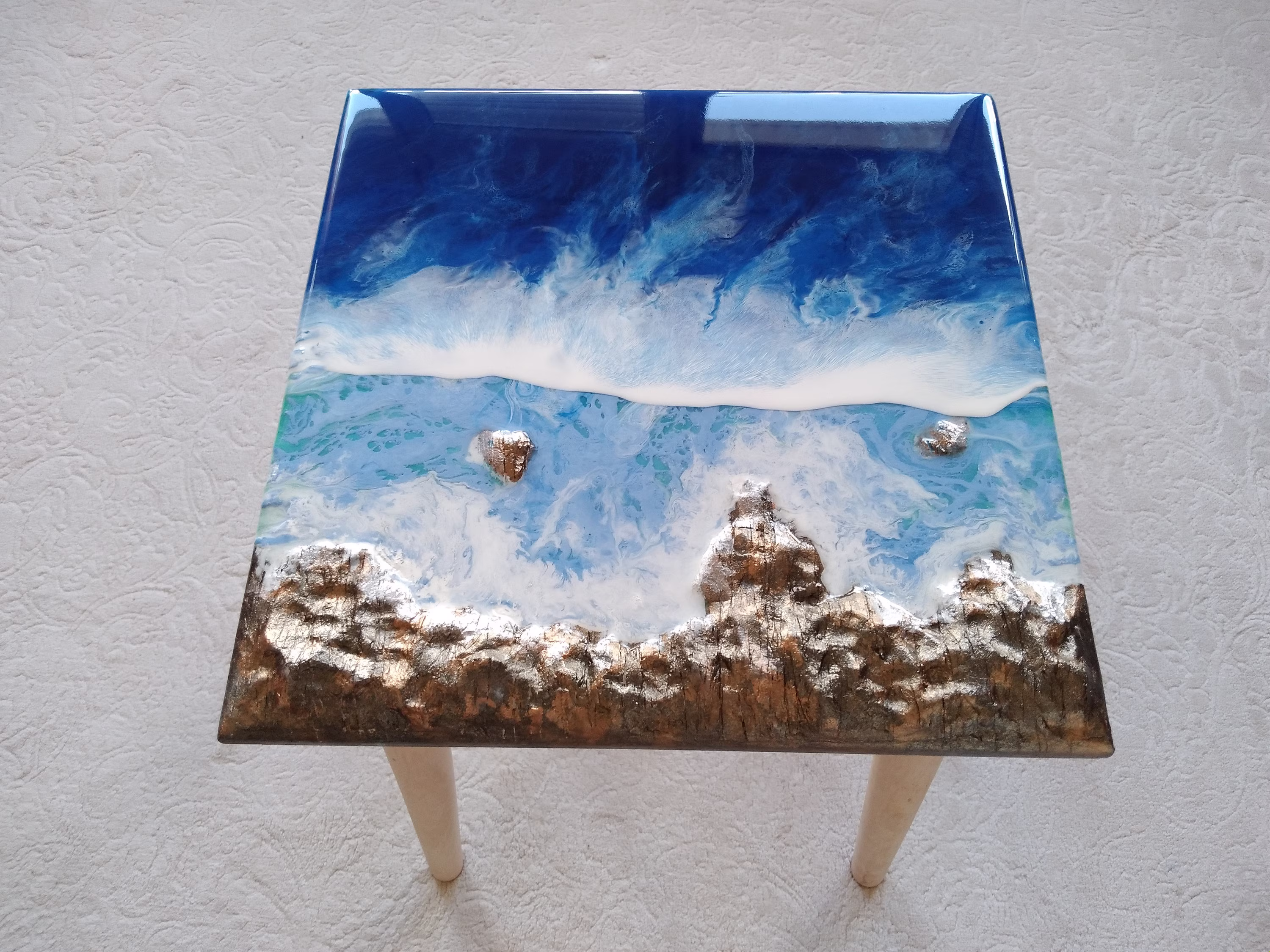 Blue Wooden Ocean Wave Side Coffee Table Resin Beach Art Design, Modern Wood Sofa End Unique Living Room Bedroom Bedside Coastal Cool