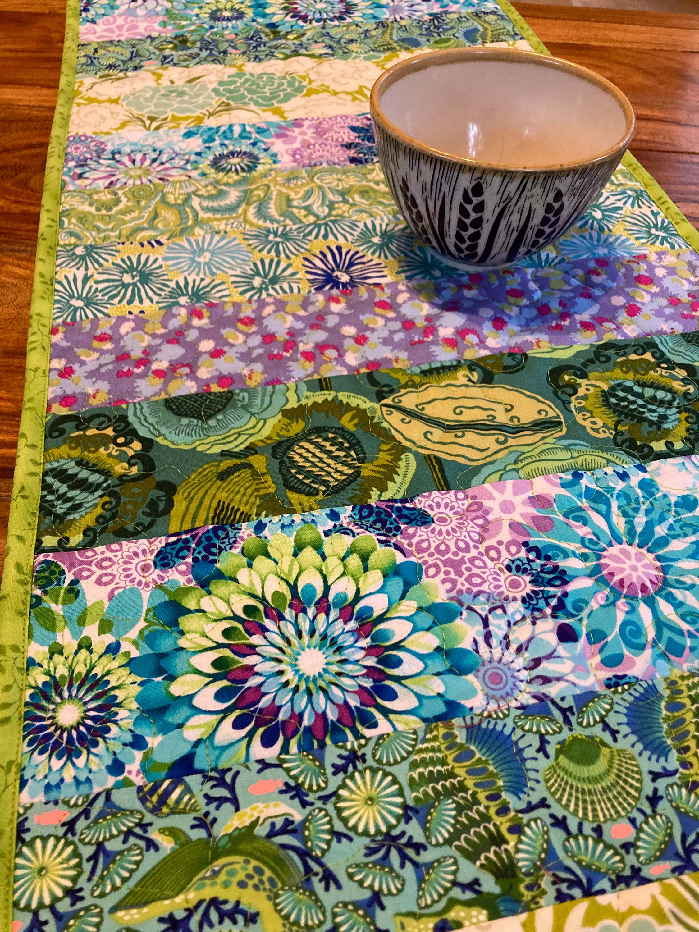 Blue Green Purple Floral Quilted Table Runner, Dining Room Coffee Table, Reversible 14x54" Handmade Bold Bright Spring Summer Easter Mat
