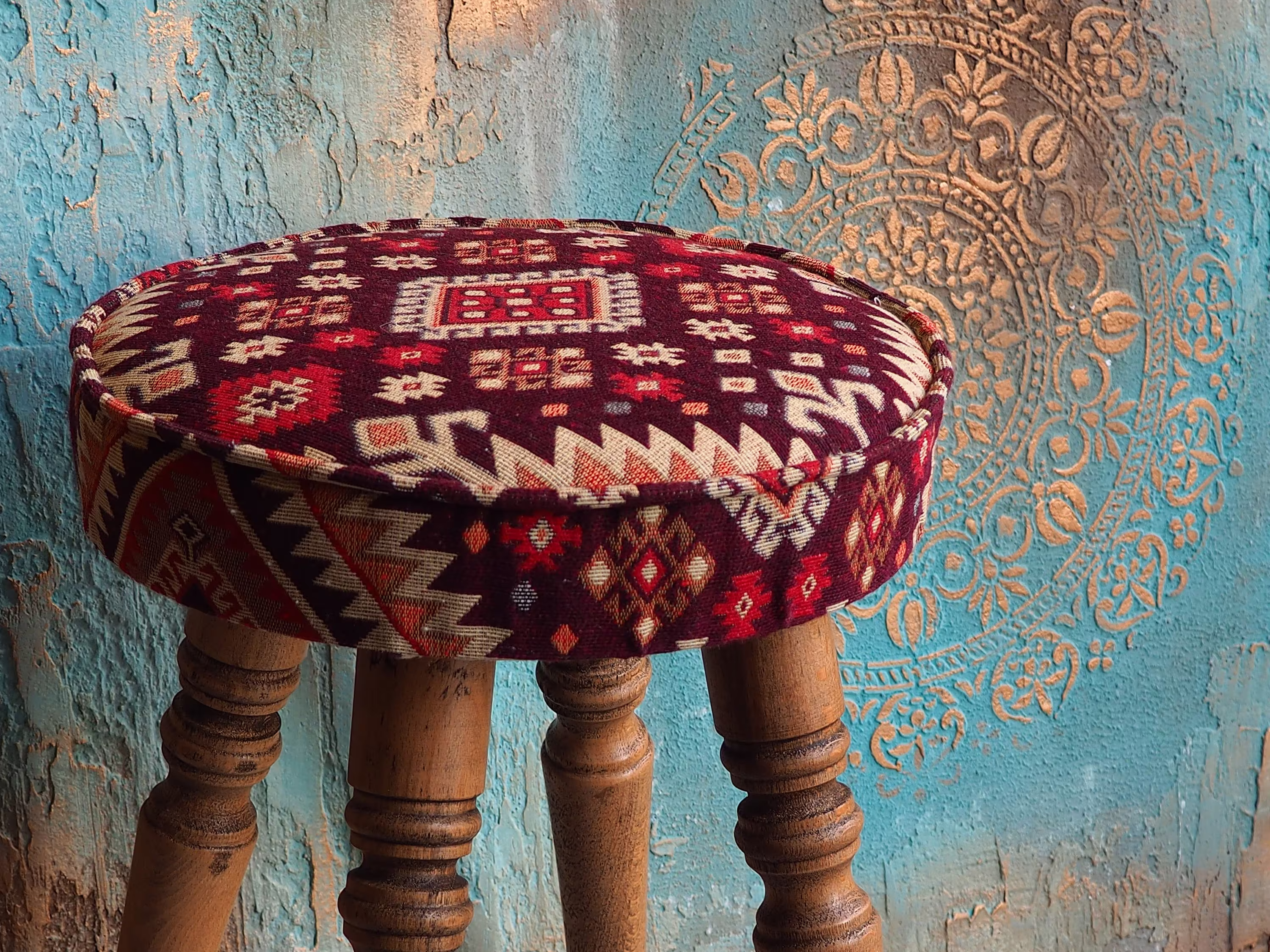 Turkish Kilim Patterned Wooden Decorative Pouffe-Ottoman Chair-Turkish Pouffe-Moraccan Pouf-Ethnic Furniture-Vintage Pouff