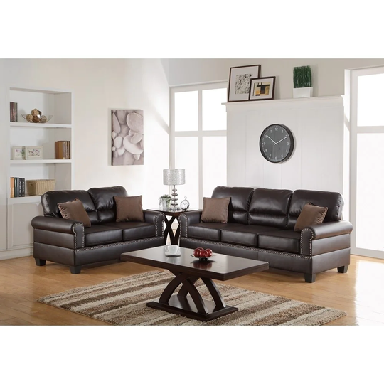 Bonded Leather 2 Pieces Sofa Set with Pillows in Brown