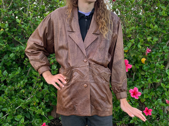 Brown Leather Jacket Retro 1980S Womens Unisex Overcoat Vintage 80S Oversized Marbled Wavy Size Medium Large