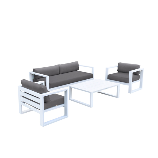 Four Piece Metal and Fabric Outdoor Sofa Set, Gray and White