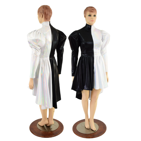 Color Split Black Mystique & Flashbulb Holographic Hi Lo Skater Dress With Victoria Sleeves & Turtleneck Full Separating Zip Emk157701