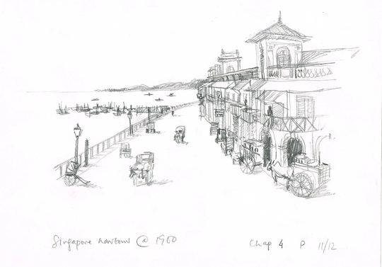 Vintage Original 1980S Small A4 Pencil Drawing Singapore Harbour By Illustrator Salim Patel