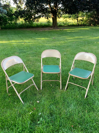 3 Rare Vintage Samsonite Chairs Style 1575-Vintage Folding Chairs-Green Vinyl & Hardwood-Shwayder Bros Inc-Card Table Chairs-Mid Century