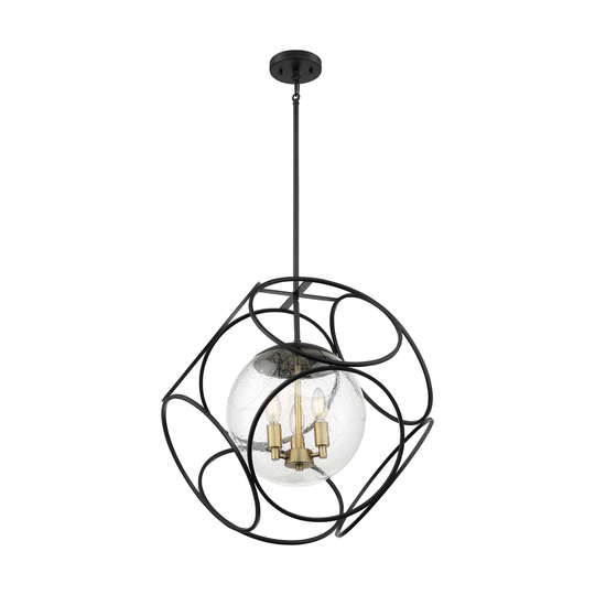 Aurora 3-Light Pendant Fixture - Black and Vintage Brass Finish with Clear Seeded Glass - Black / Vintage Brass