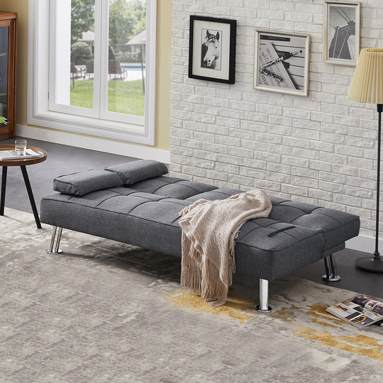 Modern Convertible Folding Futon Sofa Bed with 2 Cup Holders, Fabric Loveseat Sofa Bed with Removable Armrests