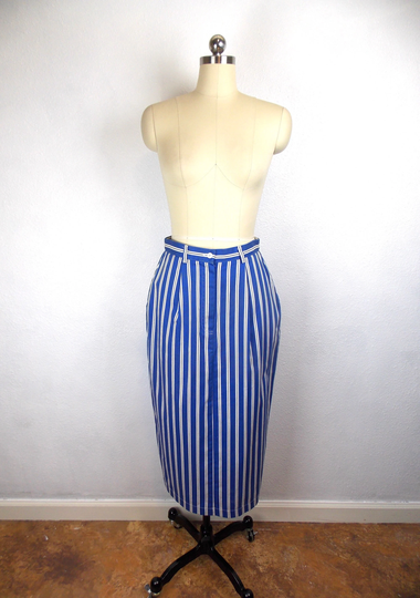 Blue & White Pencil Skirt Midi Length in Cotton 1980's