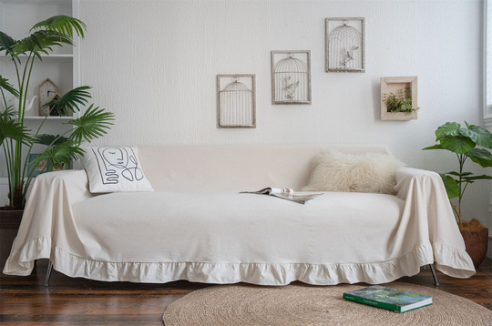 Plain Natural Cotton Sofa Cover Countryside Ruffled Loveseat Slipcovers Flouncing Couch Table Cloth Multi-Function