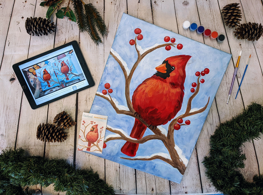 Cardinal Canvas Painting Kit + Video Tutorial, Free Palettes & Aprons With Orders Of 10 Party Kit, Diy Paint