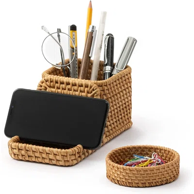 Jhanee Pen Holder with Phone Stand and Paper Clip Holder Bundle, Wicker Pencil Holder and Paper Clip