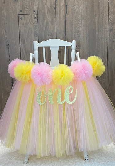 Pink & Yellow High Chair Tutu, Lemonade Highchair Banner, Girls First Birthday Smash Cake Party, Sunshine Skirt With Pompoms