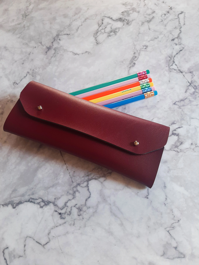 Bordeaux Leather Pen Case/Leather Pencil Red Wine Makeup Bag Christmas Gift