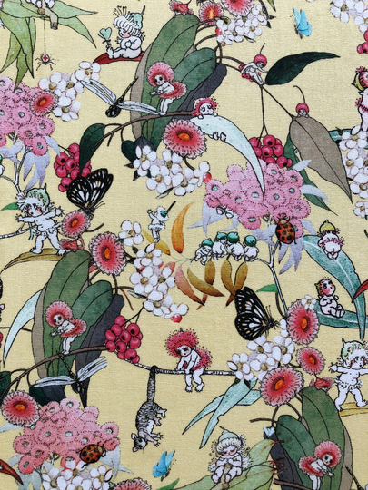 May Gibbs Gumnut Babies & Native Berries Yellow Floral Quilting Cotton Fabric By 1/4, 1/2 Yard Or Fat Quarter, Possum Butterfly Ladybug