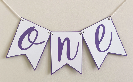 Small Classic Script High Chair Birthday Banner - 3.5" X 4.75" Flags, Party Decor, First Birthday, One, Two, Three