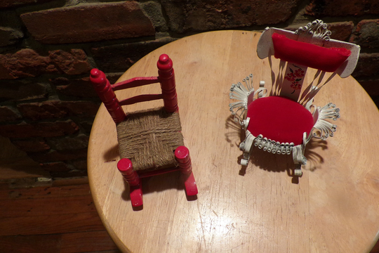 Vintage Curled Tin Can Rocking Chair Dollhouse, Folk Art Pin Cushion, Tramp Art, 1950's Dollhouse Chairs, Morethebuckles