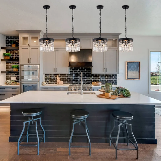 Black Modern Crystal Chandelier Mini Drum Pendant Light 3-Light Pendant Lights for Kitchen Island