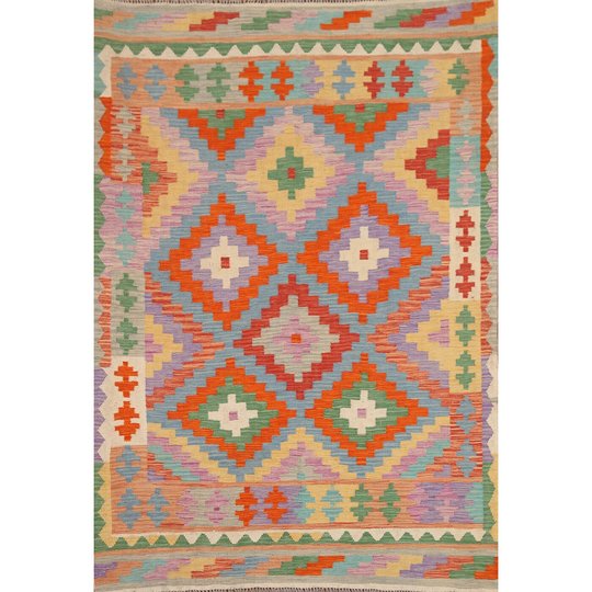 Colorful Kilim Reversible Area Rug Flat-weave Wool Carpet - 4'9"x 6'5"