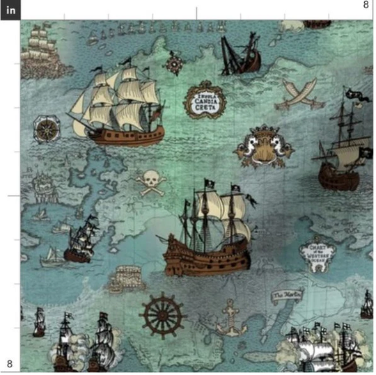 Pirate Ship Map Fabric By The Yard | Ocean Sea Nautical Maps Vintage Ships Custom
