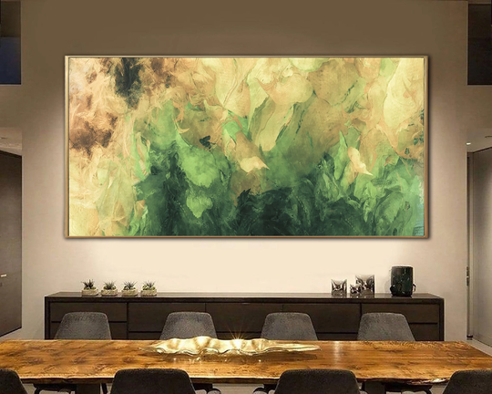 Large Abstract Colorful Paintings On Canvas in Green & Yellow Colors Expressionist Fine Art Heavy Textured Painting For Living Room Decor