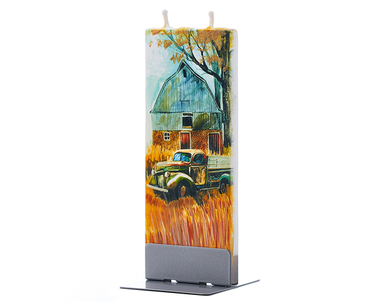 Hand Painted Flat Candle | Pickup Truck & Barn in Field Small Unique Gift Fall Shelf Décor