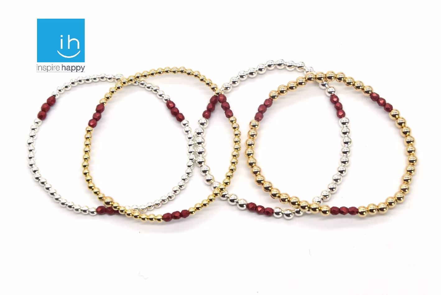 Gold Ball Bracelet, Silver Sterling Bead Bracelet with Cherry Accents, Red Accent Bracelet, Girl Gift