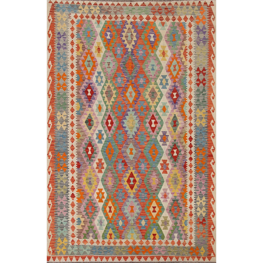 Geometric Kilim Rug Flatweave Reversible Multi-Color Wool Carpet - 6'8"x9'8"