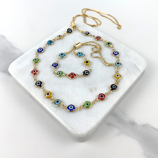 18K Gold Filled Linked Colorful Colored Beads Greek Evil Eyes Necklace Or Bracelet Set, Lucky Protection, Wholesale Jewelry Making Supplies