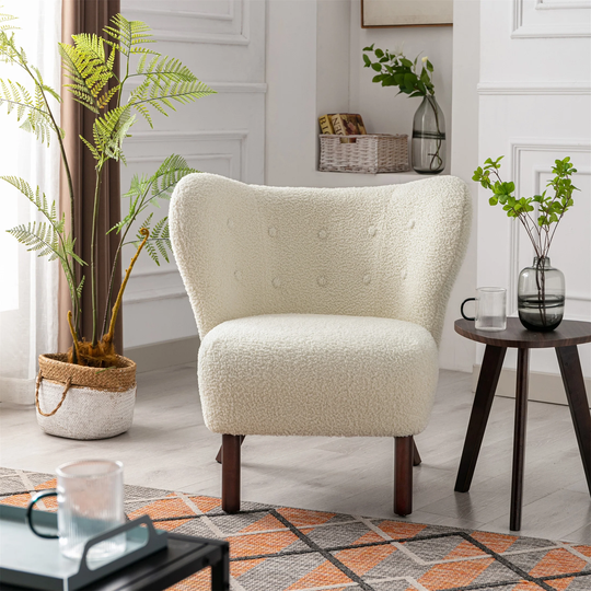 Side Chair Wing back Chair Tufted Lambskin Sherpa, Solid Wood, Cream