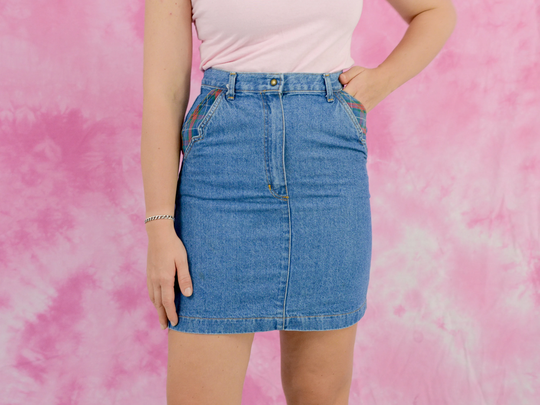 Mini Denim Skirt Vintage Pencil Blue Jean Plaid Inserts 90S Women S/M