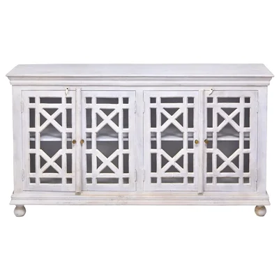 72 Inch Distressed White Solid Wood Glass Trellis Doors Sideboard Cabinet