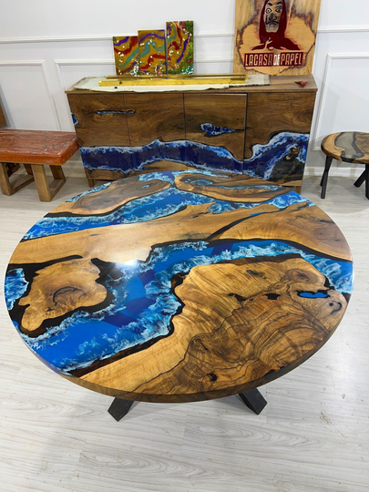 Round Dining Table, Custom 54" Diameter Walnut Wood Blue Turquoise, White Waves Epoxy Order For Dalaila
