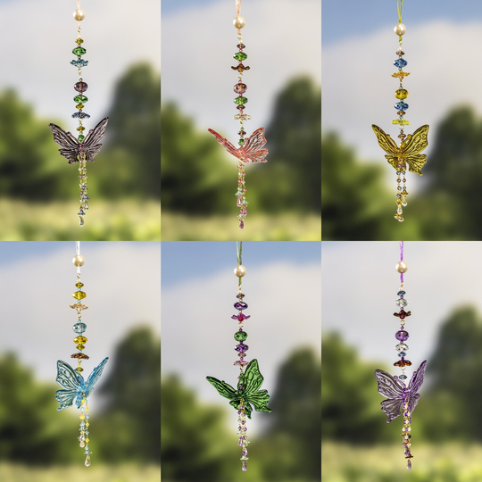 Hanging Acrylic Butterfly Ornaments ith Dangling Beads in 6 Assorted Colors - 4x3.75x12.5