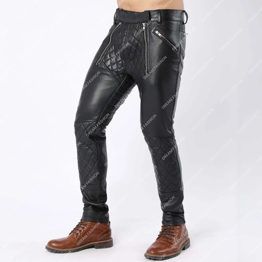 Mens Genuine Soft Sheep Leather Black Quilted Pant Zipper Bikers Trousers