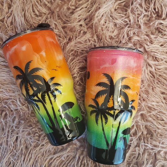 Sunset Couples Beach Chair Silhouette Insulated Travel Tumbler - His & Her Designs