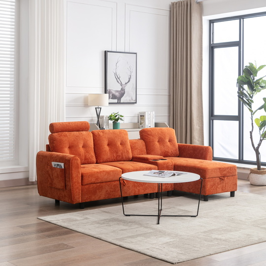 L Shape Sectional Sofa, Orange Couch with Storage Chaise