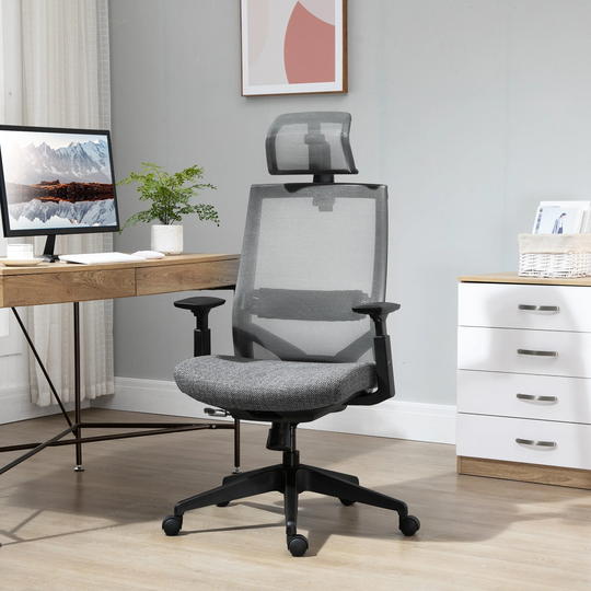 Vinsetto High Back Ergonomic Mesh Desk Office Chair with Rotate Headrest, Adjustable Height, Arm, Lumbar Back Support, Grey