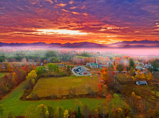Colorful Fall Sunrise Over New England Small Town in Vermont | Landscape Canvas Print Photo Paper Framed Metal