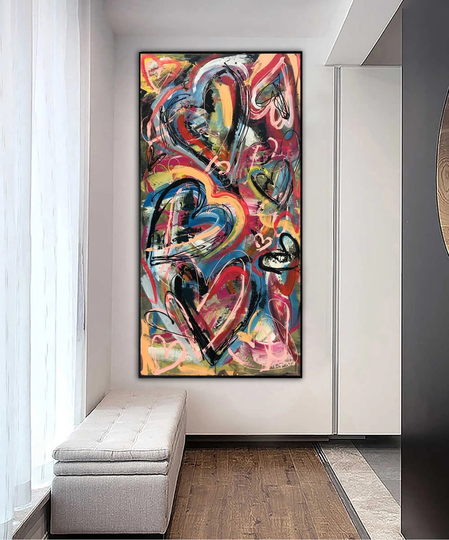 Abstract Colorful Wall Art Original Hearts Painting On Canvas Vibrant Artwork Street Style Fine For Living Room