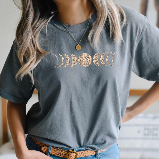 Comfort Colors Moon Phases Shirt, Celestial Leopard Boho Top, T-Shirt, Comfy Oversized Sun, Style