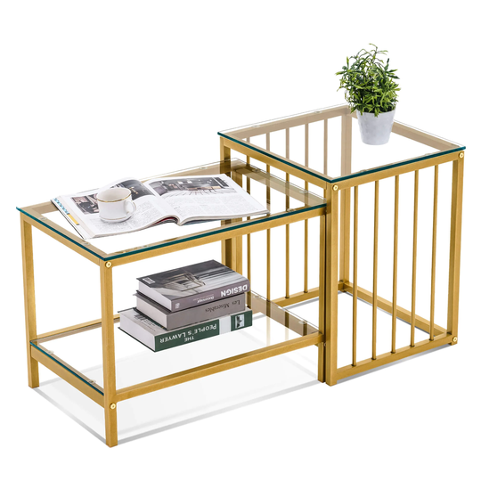 Mcombo Square Glass Nesting Coffee Table, End Table for Living Room