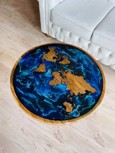 Epoxy Blue Ocean Coffee Table, Table Handmade, Custom Order Resin World Map For Home Décor, Oak