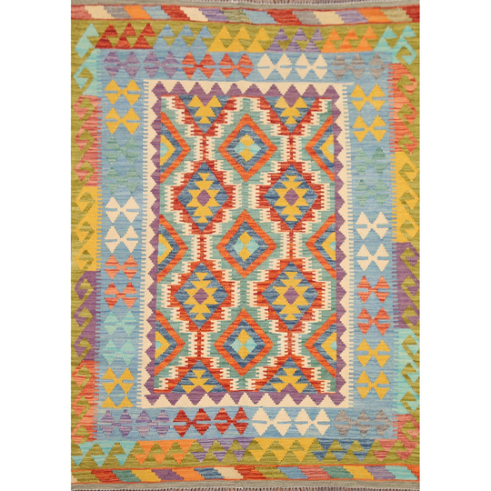 Multi-Color Reversible Kilim Oriental Rug Flat-weave Wool Carpet - 5'2"x 6'5"
