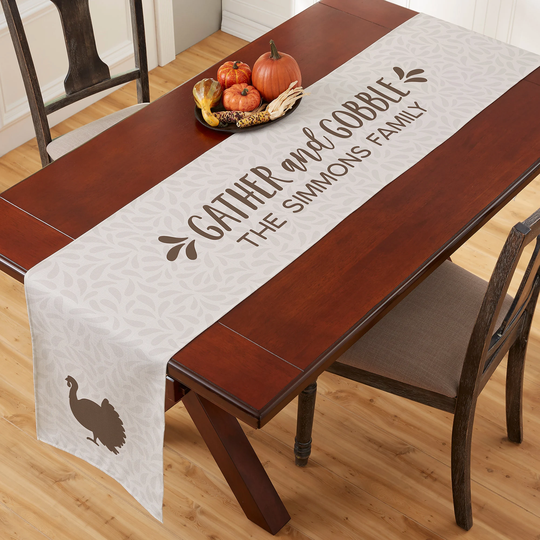 Gather & Gobble Personalized Table Runner, Fall Custom Home Decor, Farmhouse Autumn Thanksgiving Seasonal Decor