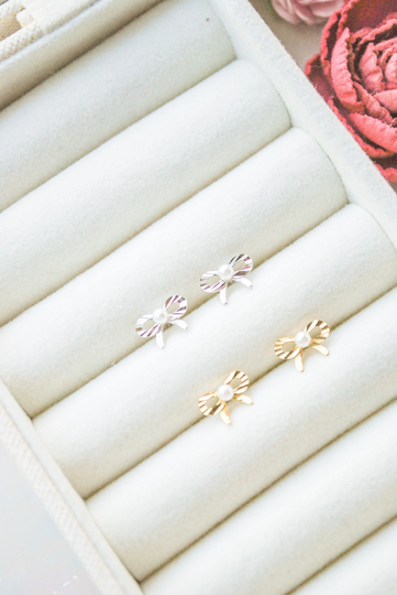 Bow Earrings, Tiny Earrings, Minimalist Earrings, Stud Earrings, Pearl Earrings, Gold Stud Earrings, Silver Filled Earrings