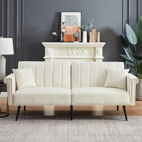 77.5" Convertible Folding Futon Sofa Bed, Velvet Upholstered Sleeper Sofa Living Room Loveseat with Metal Legs and Nailhead Trim
