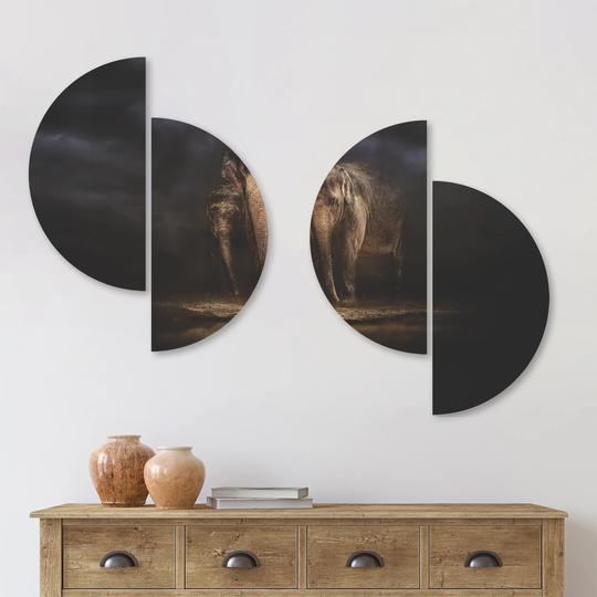 Designart 'Elephants Watering in the River' Animal Wood Wall Art Set of 4 Half Circles - Multi-Color