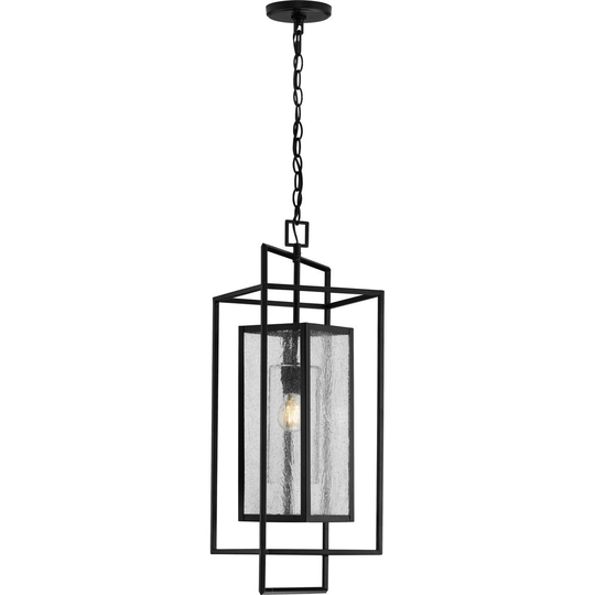 Navarre One-Light Matte Black and Seeded Glass Indoor Outdoor Hanging Pendant Light - 10 in x 14.125 in x 28.625 in